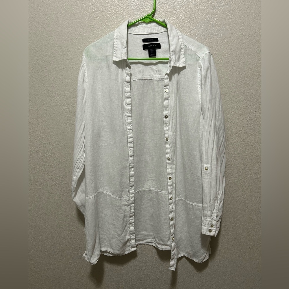 Tahari White 100% Linen Button Down Blouse – Size Large